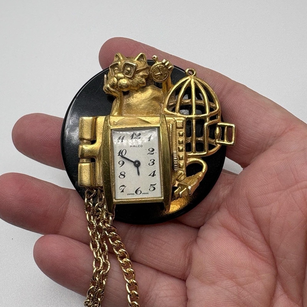 Vintage Cat Clock Brooch Artisan Made Walco Black Gold READ